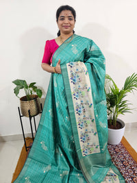 Soft Semi Tussar Weaving with Floral Border - Sea Green