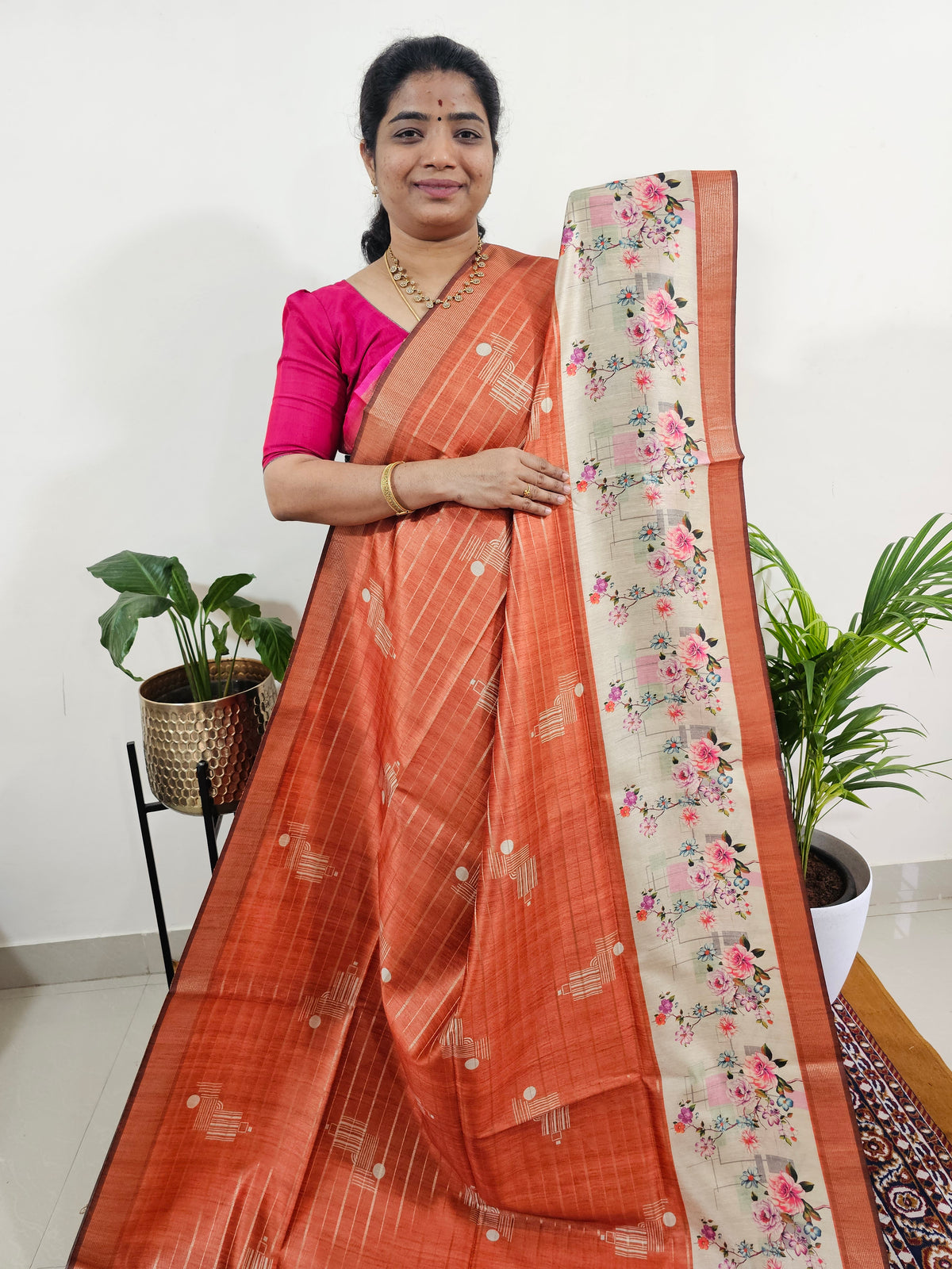 Soft Semi Tussar Weaving with Pichwai Border - Dark Orange