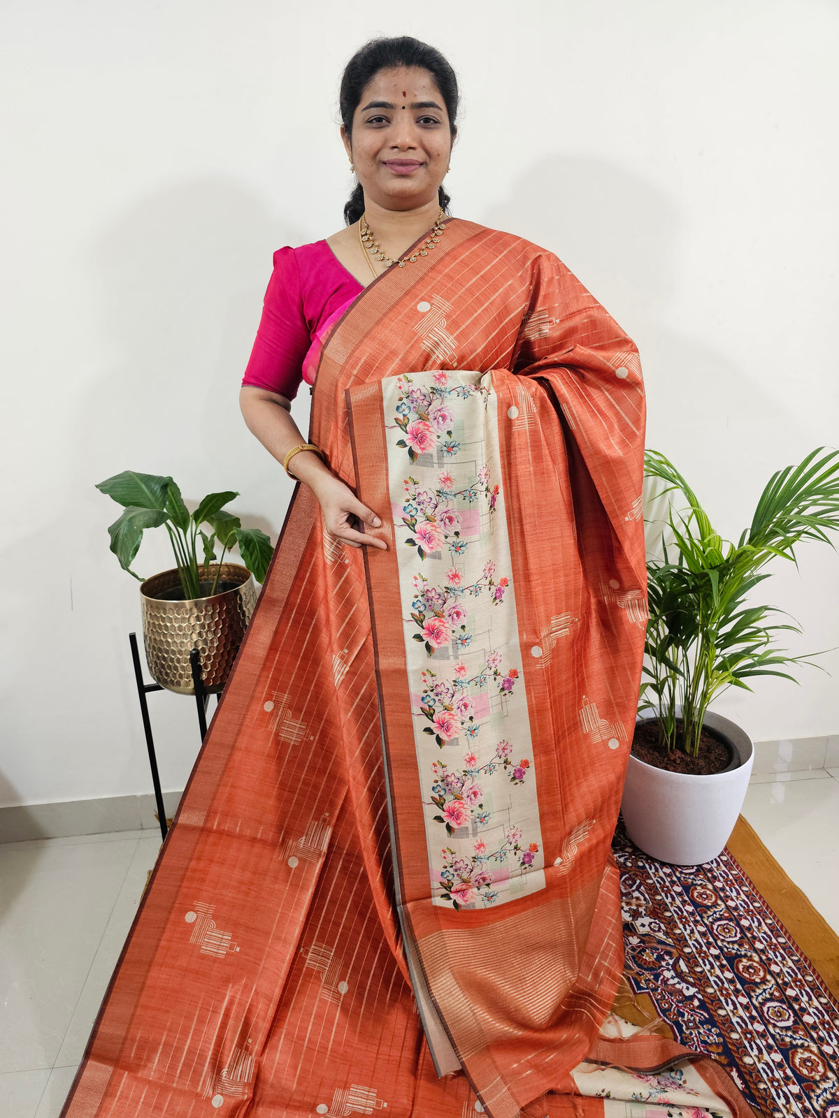 Soft Semi Tussar Weaving with Pichwai Border - Dark Orange