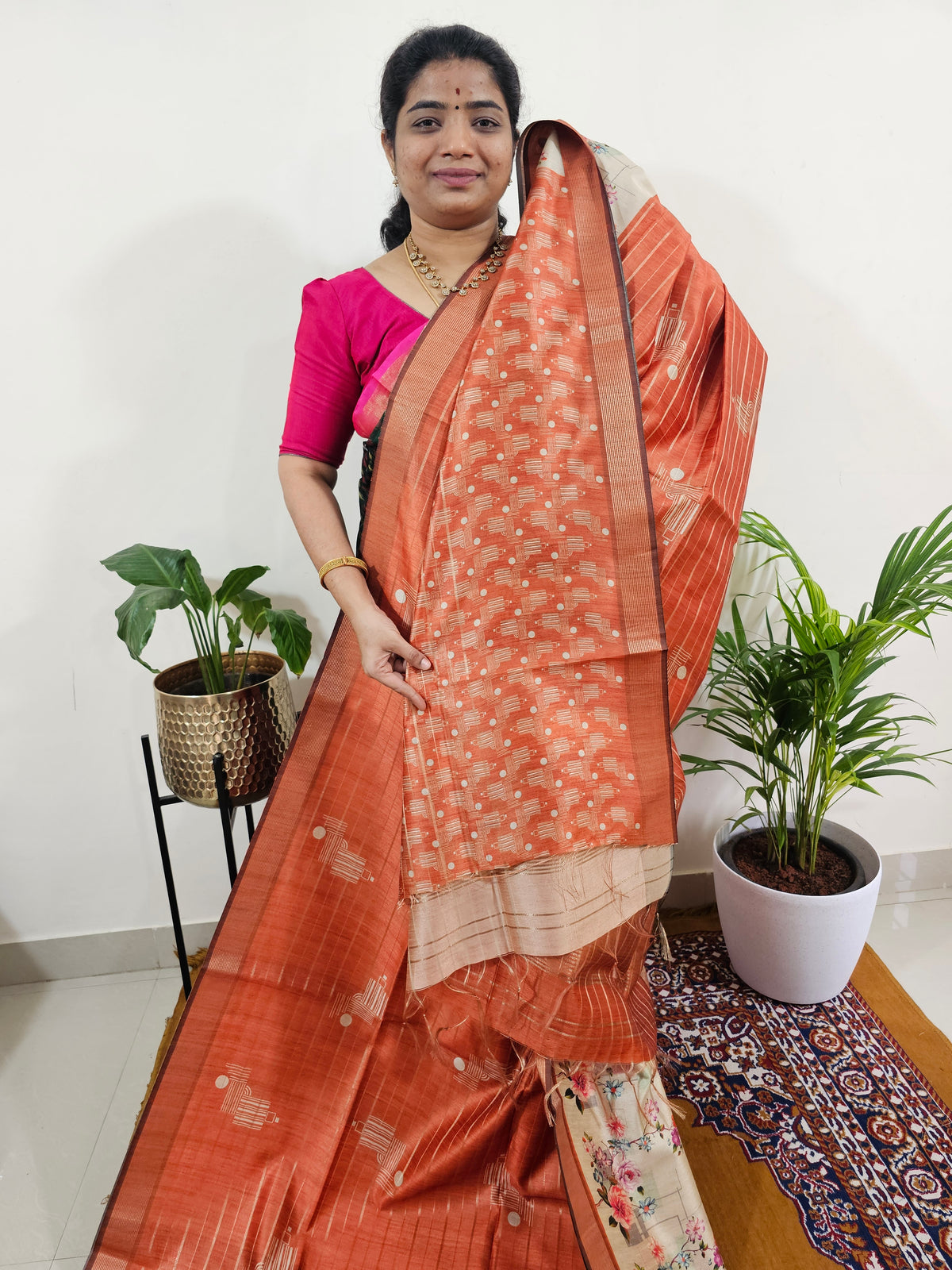 Soft Semi Tussar Weaving with Pichwai Border - Dark Orange