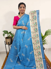 Soft Semi Tussar Weaving with Floral Border - Blue