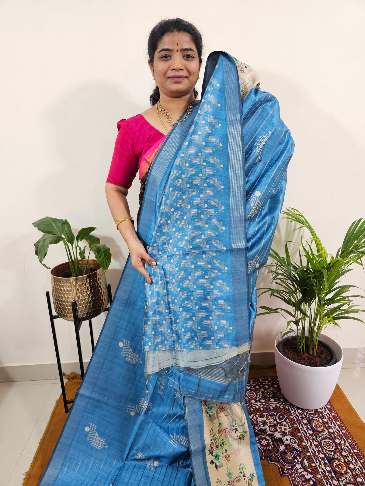 Soft Semi Tussar Weaving with Floral Border - Blue