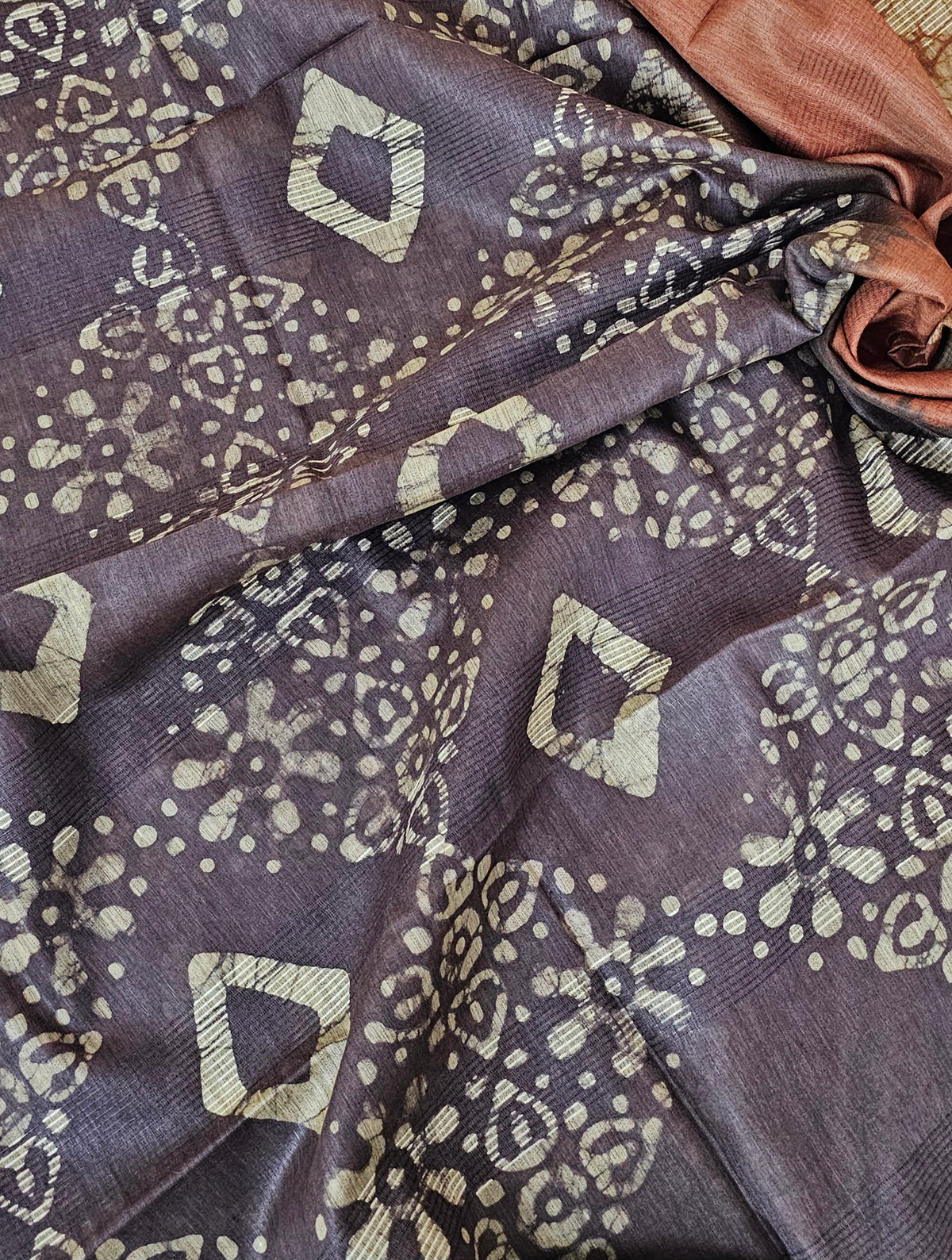 Bhagalpuri with Batik Print - Dark Brown with Honey Brown
