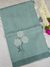 Soft Semi Tussar with Floral Digital Prints Emboridery - Blue