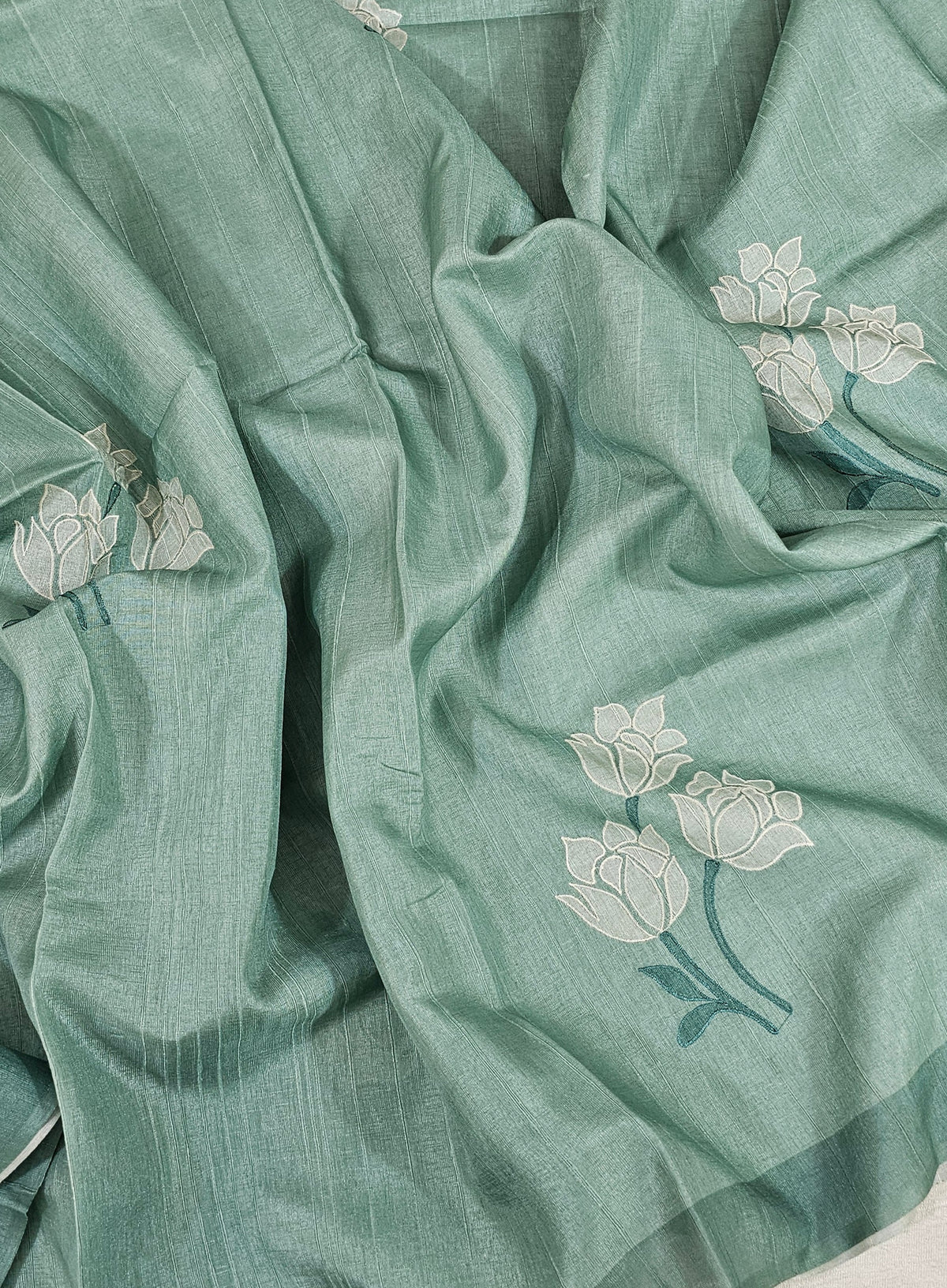 Soft Semi Tussar with Floral Digital Prints Emboridery - Blue