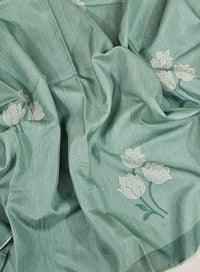 Soft Semi Tussar with Floral Digital Prints Emboridery - Blue
