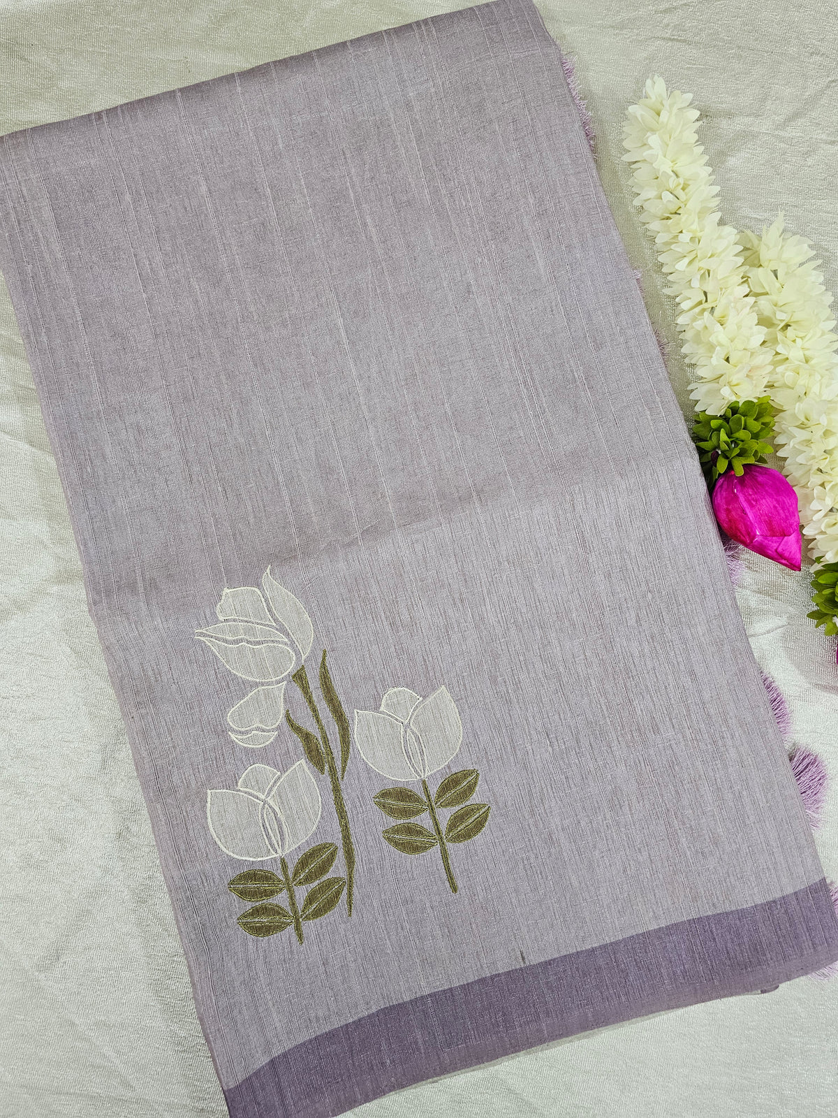 Soft Semi Tussar with Floral Digital Prints Emboridery - Purple