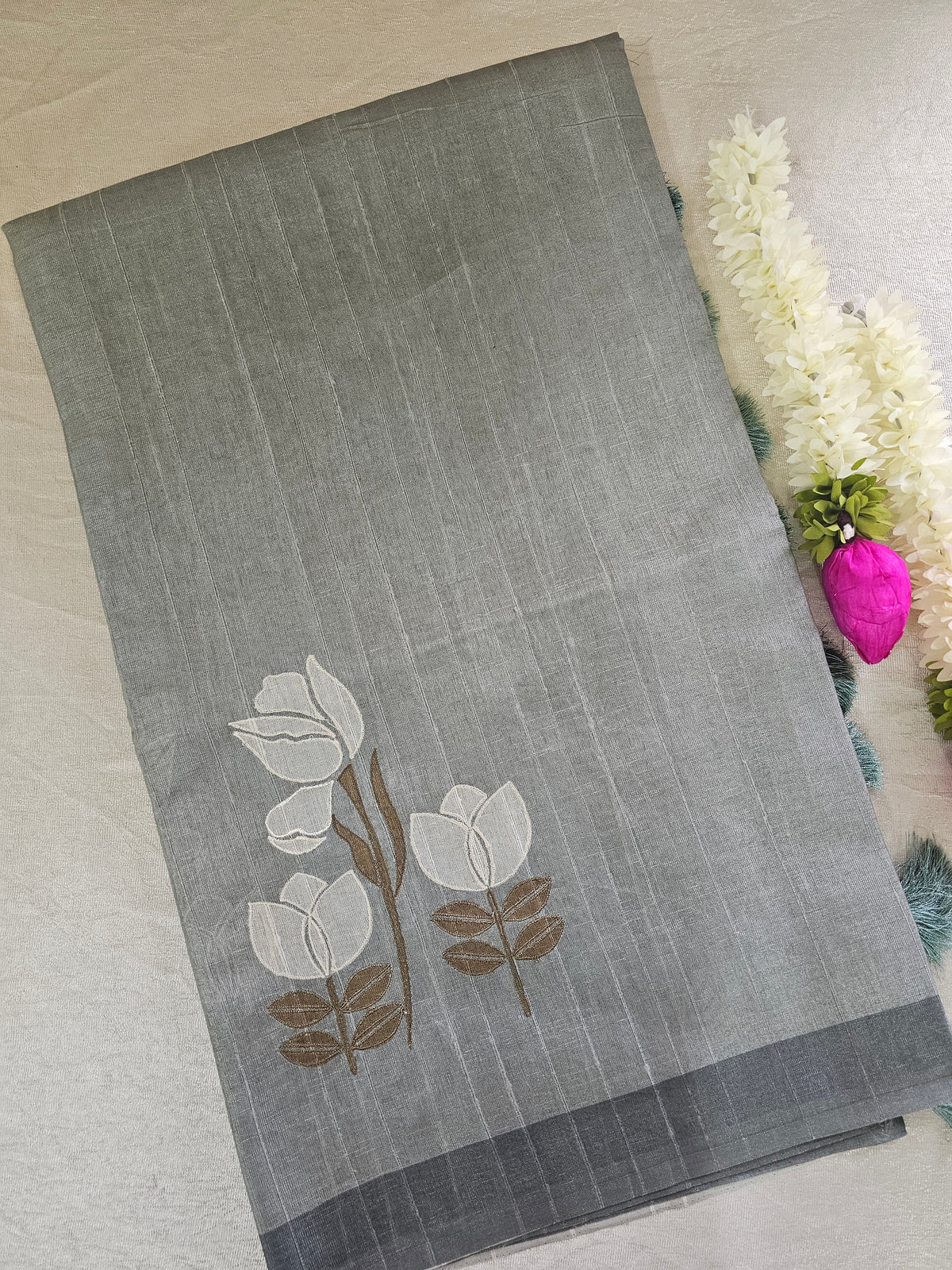 Soft Semi Tussar with Floral Digital Prints Emboridery - Grey