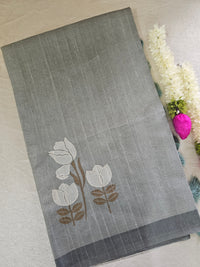 Soft Semi Tussar with Floral Digital Prints Emboridery - Grey