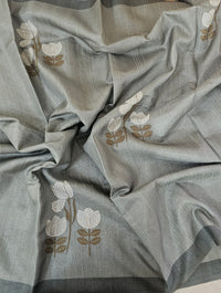 Soft Semi Tussar with Floral Digital Prints Emboridery - Grey