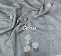 Soft Semi Tussar with Floral Digital Prints Emboridery - Grey