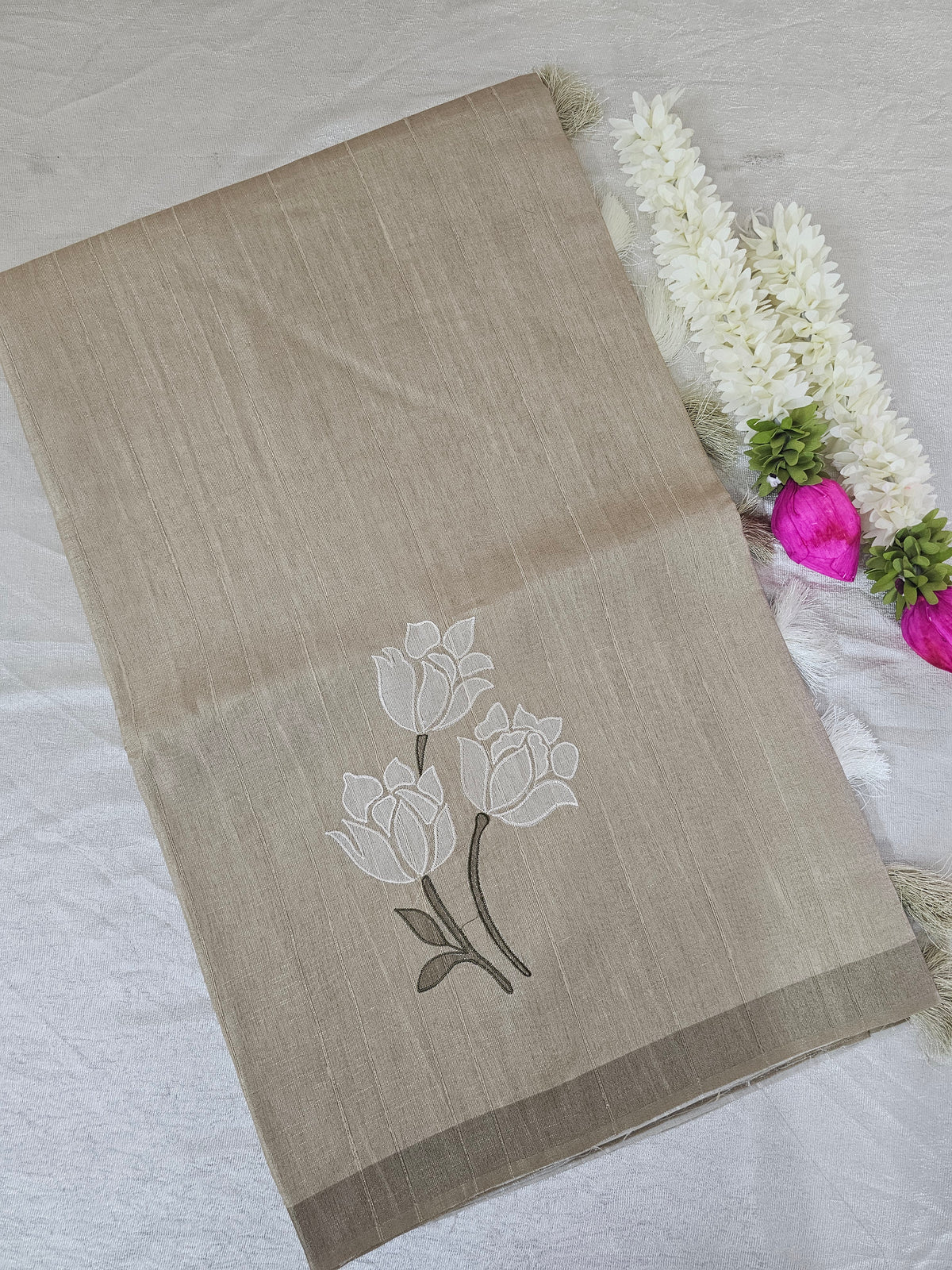 Soft Semi Tussar with Floral Digital Prints Emboridery - Green
