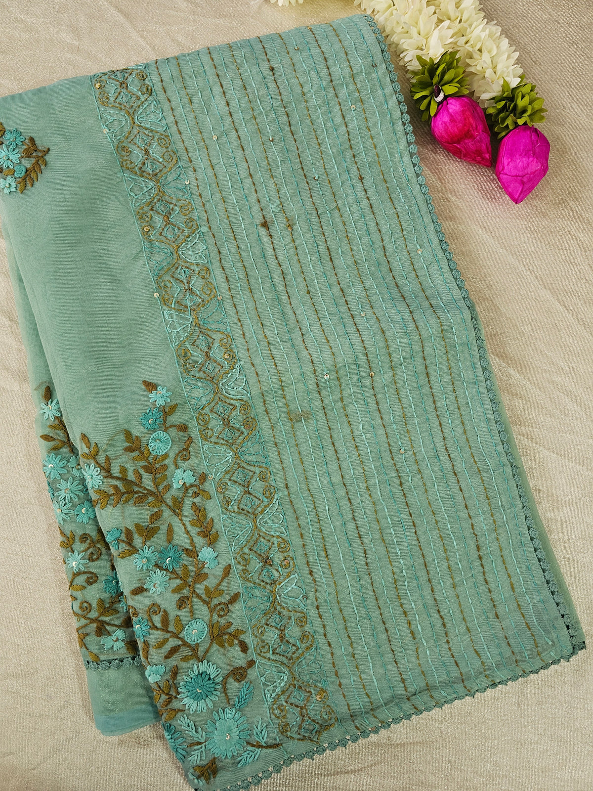Soft Organza Tissue with French Knot Work - Blue