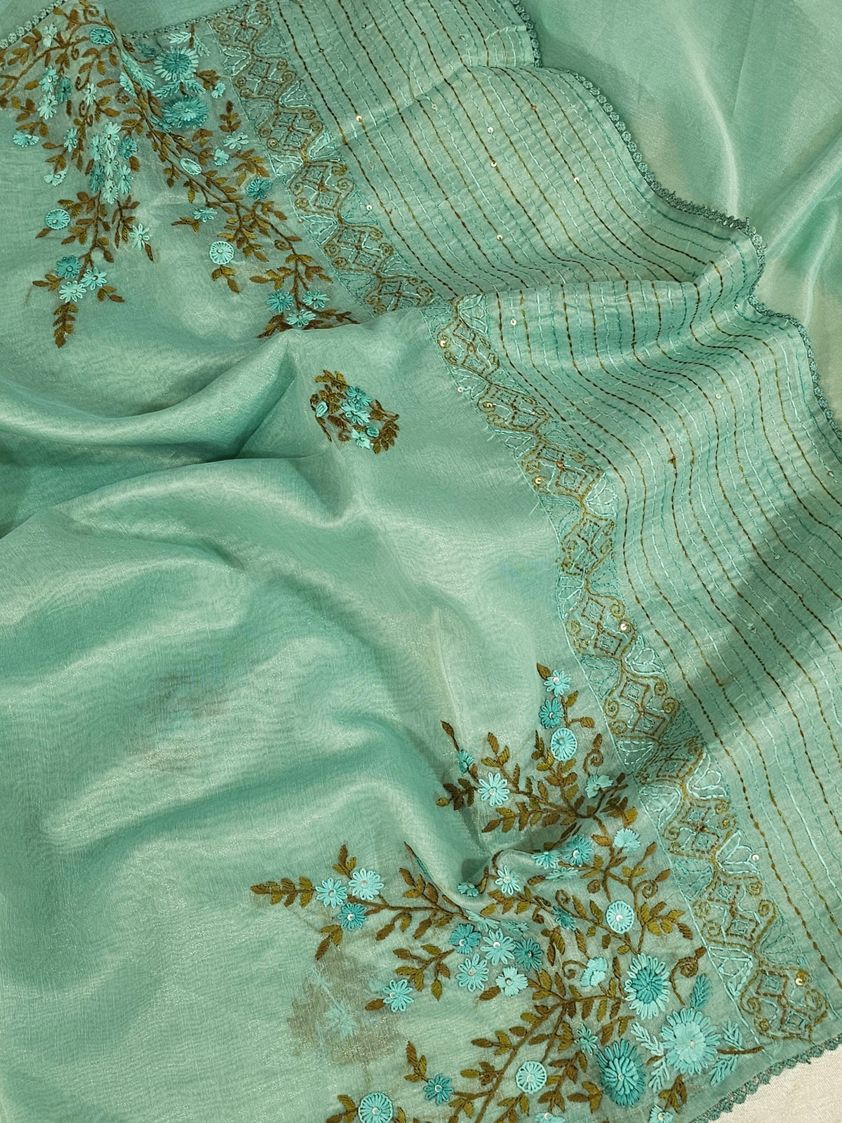 Soft Organza Tissue with French Knot Work - Blue