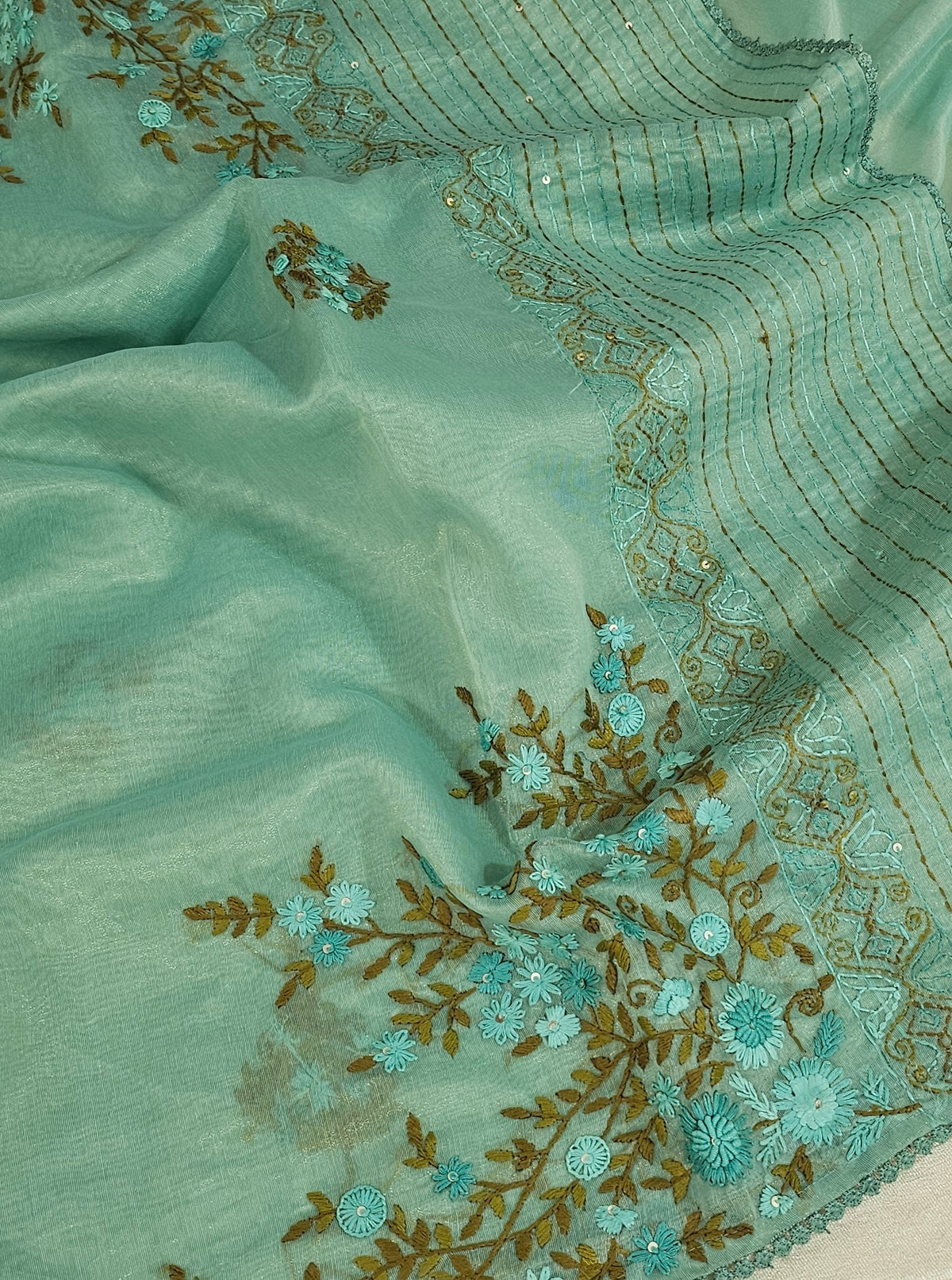 Soft Organza Tissue with French Knot Work - Blue