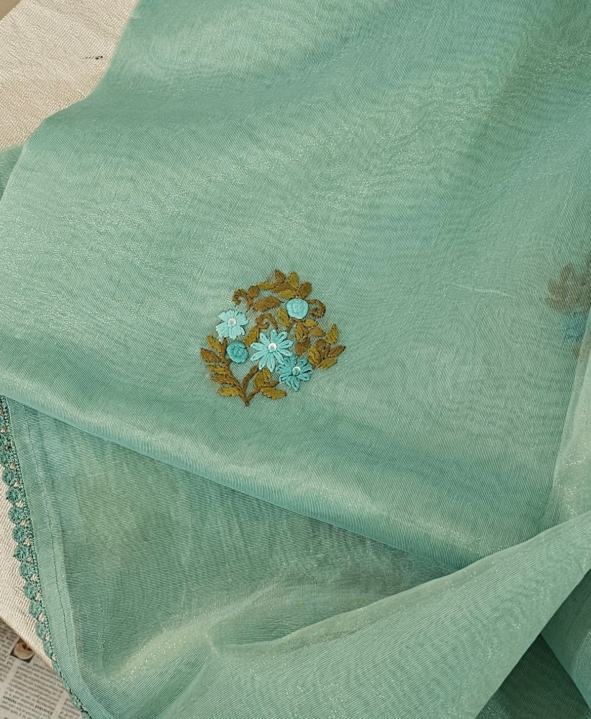 Soft Organza Tissue with French Knot Work - Blue