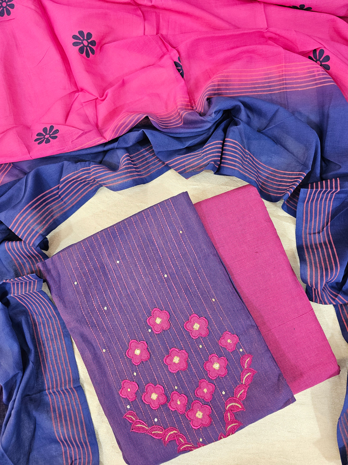 Soft Cotton Unstitched Salwar Suit  - Pink and Purple