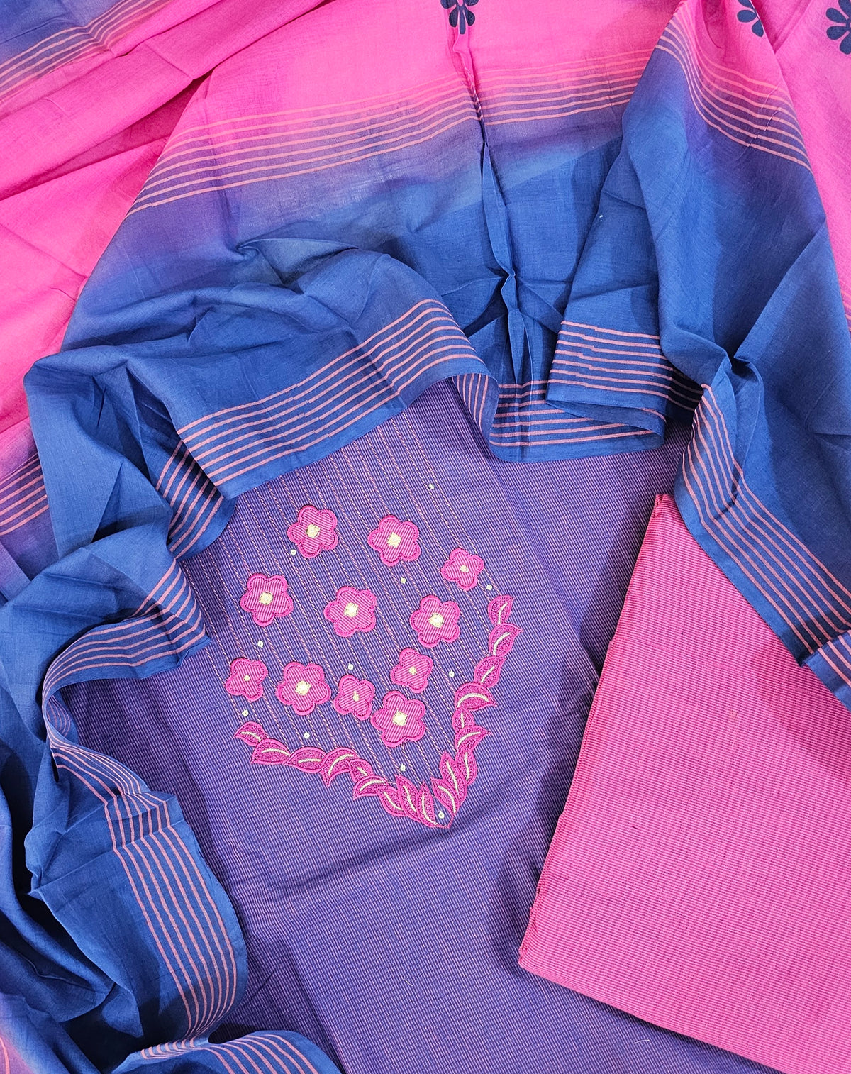 Soft Cotton Unstitched Salwar Suit  - Pink and Purple