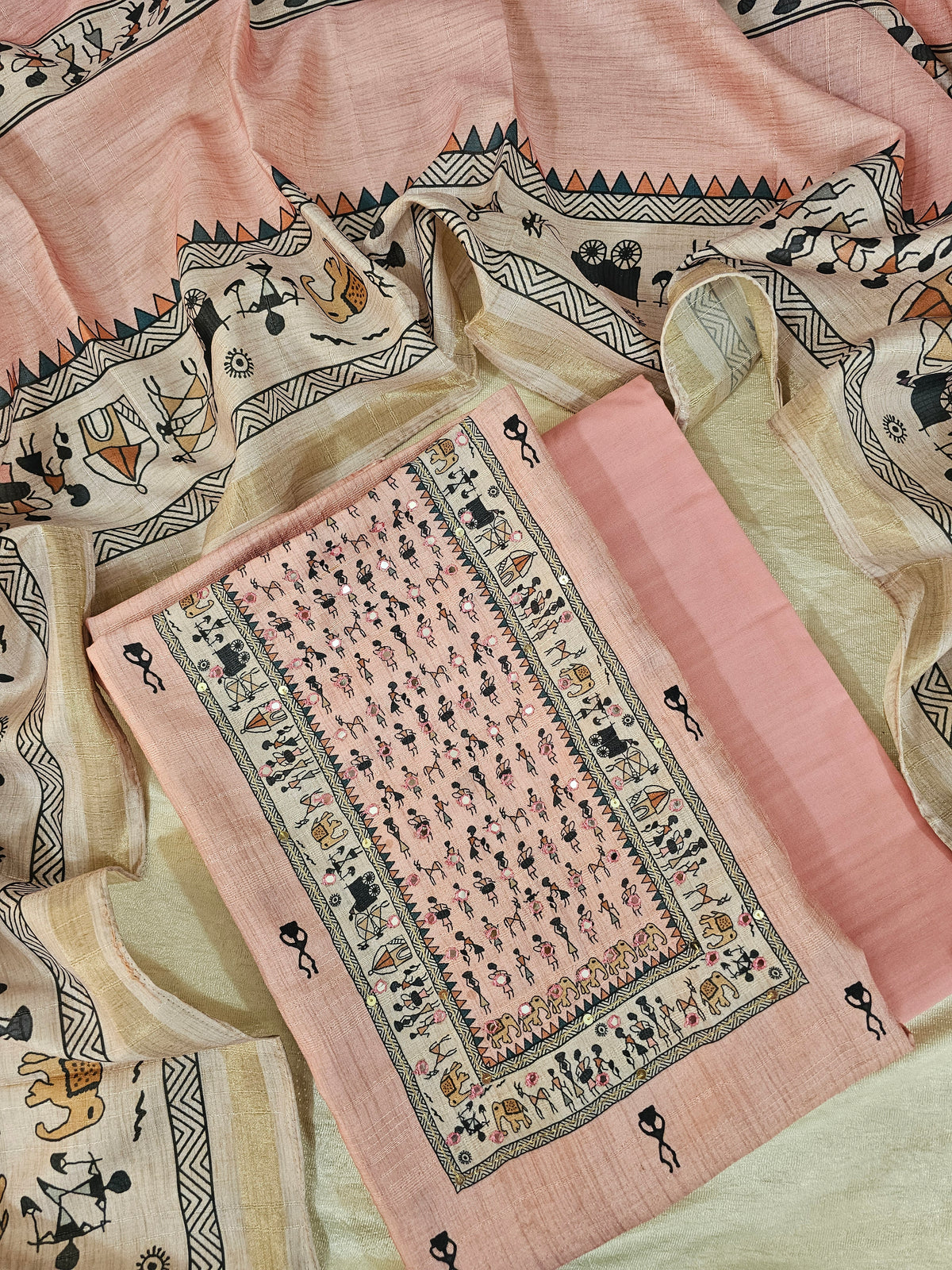 Semi Tussar Unstitched Salwar Suit  - Baby Pink