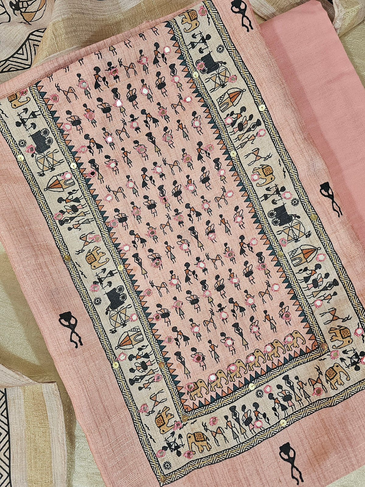 Semi Tussar Unstitched Salwar Suit  - Baby Pink