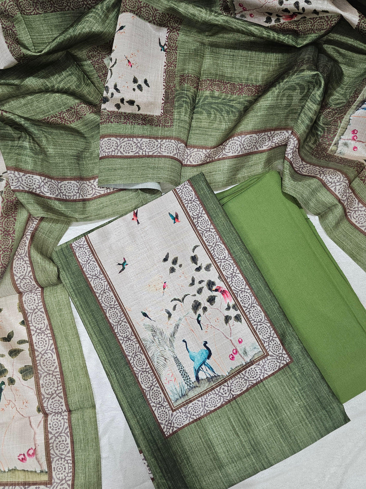 Semi Tussar Unstitched Salwar - Green