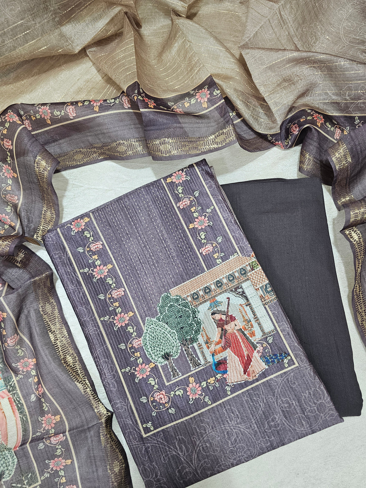 Semi Tussar Unstitched Salwar - Dark Grape with Beige