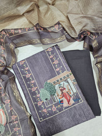 Semi Tussar Unstitched Salwar - Dark Grape with Beige