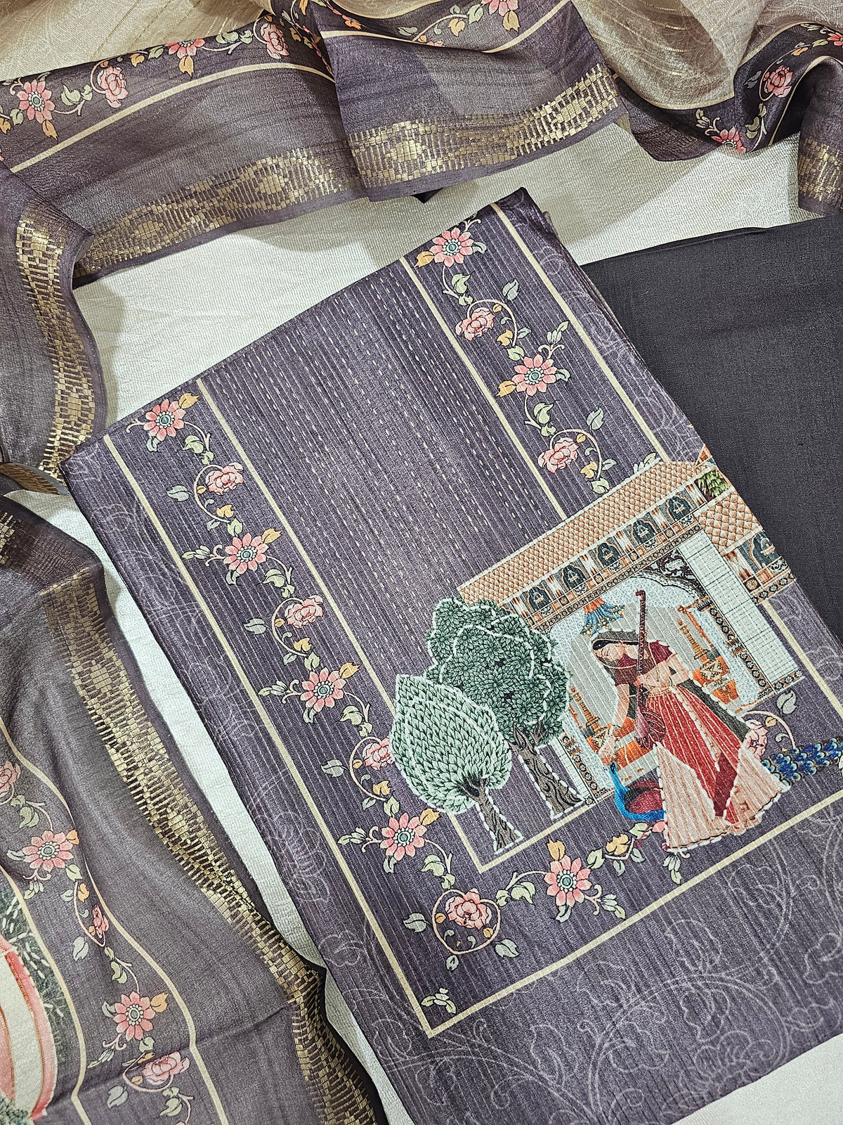 Semi Tussar Unstitched Salwar - Dark Grape with Beige