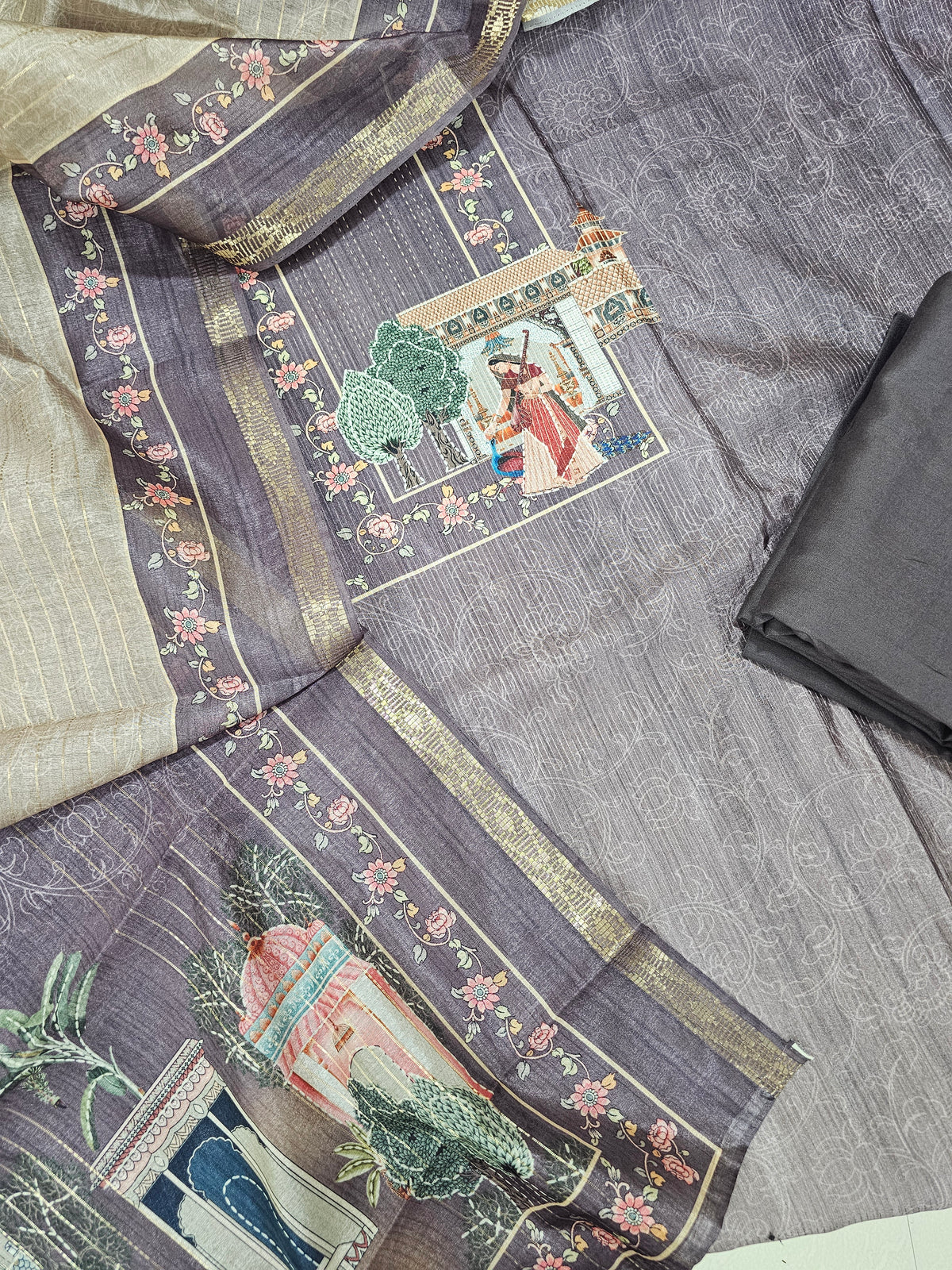 Semi Tussar Unstitched Salwar - Dark Grape with Beige