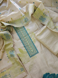 ππ«πππ¨π¨π€π’π§π  ππ―ππ’π₯πππ₯π - ππ πππ²π¬ ππ’π¬π©ππππ‘ ππ’π¦π Semi Tussar Weaving Unstitched  Salwar Suit  - Cream with Green