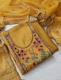 Linen Tissue Unstitched Salwar Suit  - Mustard  Yellow