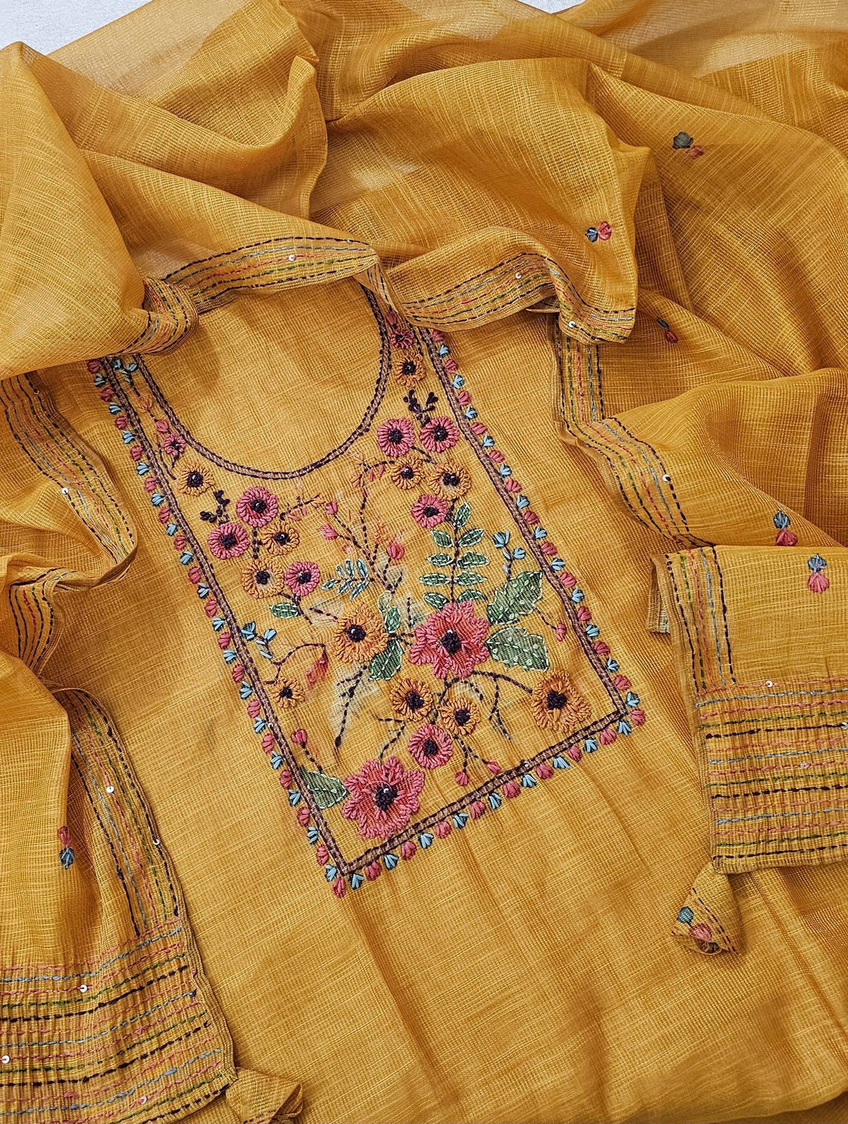 Linen Tissue Unstitched Salwar Suit  - Mustard  Yellow
