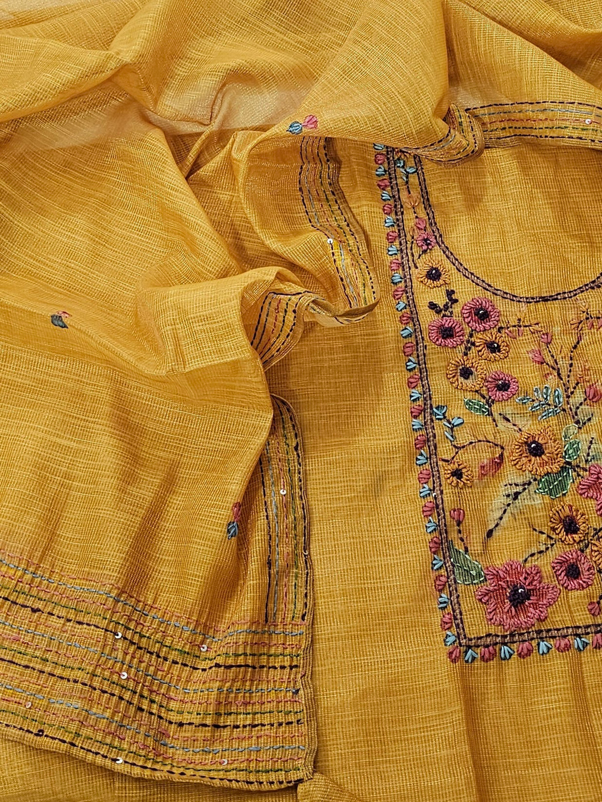 Linen Tissue Unstitched Salwar Suit  - Mustard  Yellow