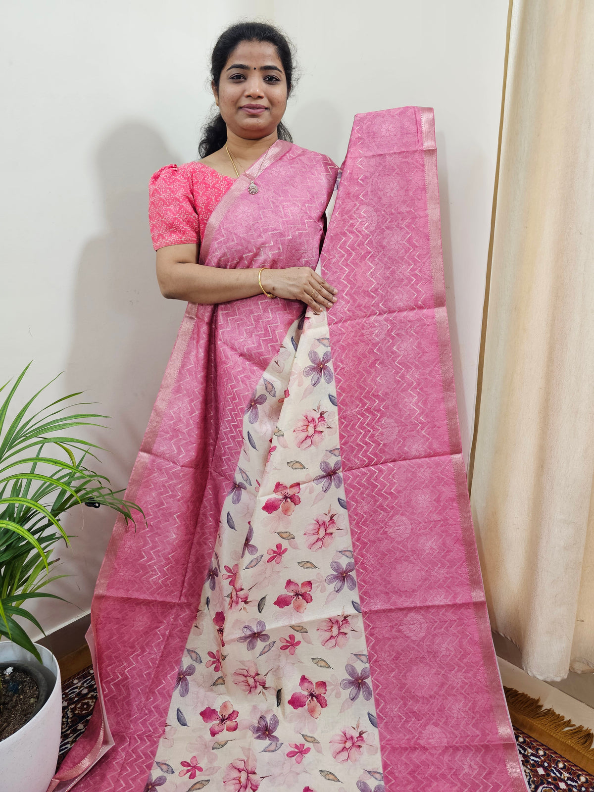 Soft Semi Tussar Zari Weaving  Border - Pink