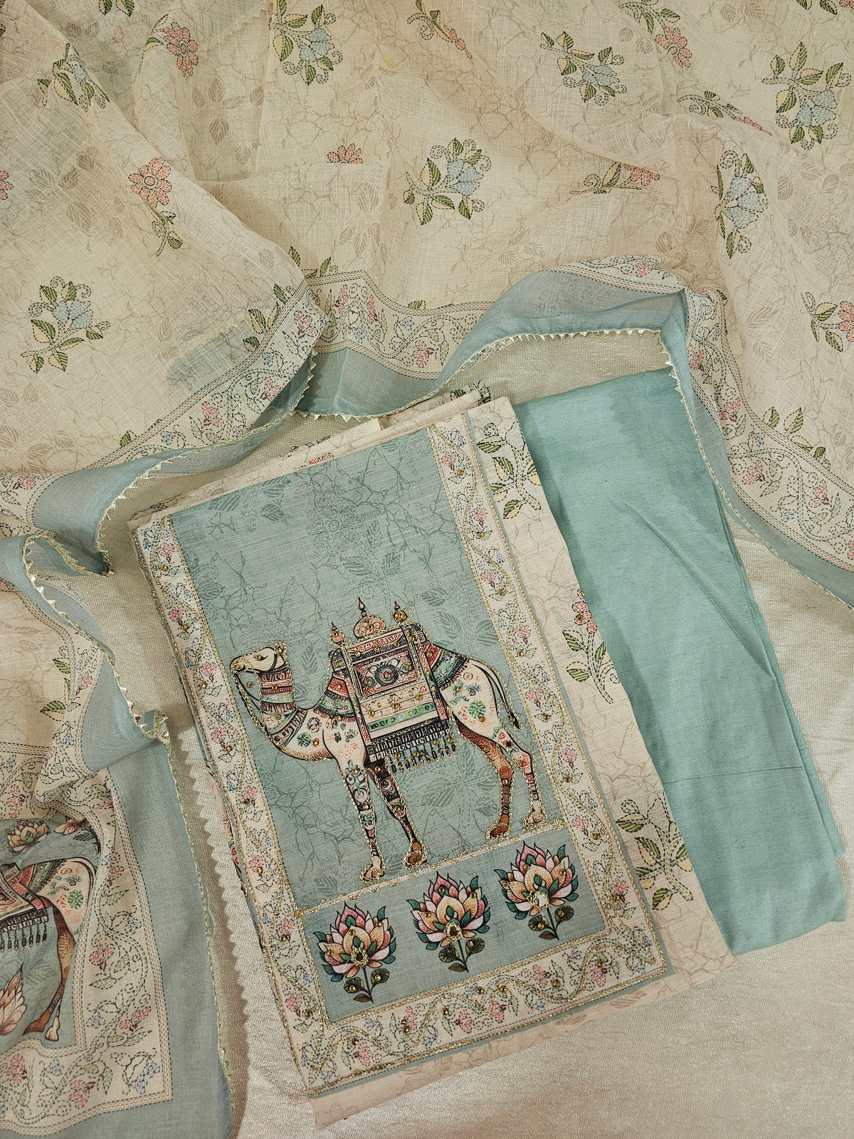 Linen Unstitched Salwar Suit  - Cream with Sea Blue