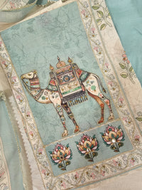 Linen Unstitched Salwar Suit  - Cream with Sea Blue