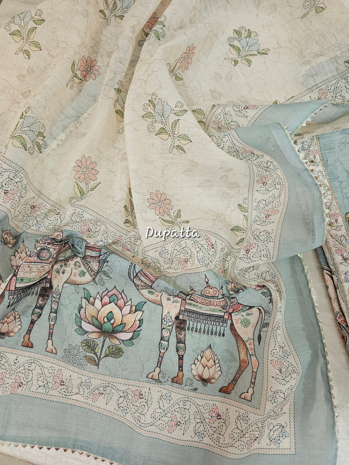 Linen Unstitched Salwar Suit  - Cream with Sea Blue