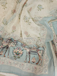 Linen Unstitched Salwar Suit  - Cream with Sea Blue