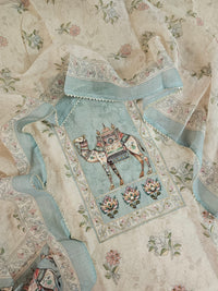Linen Unstitched Salwar Suit  - Cream with Sea Blue