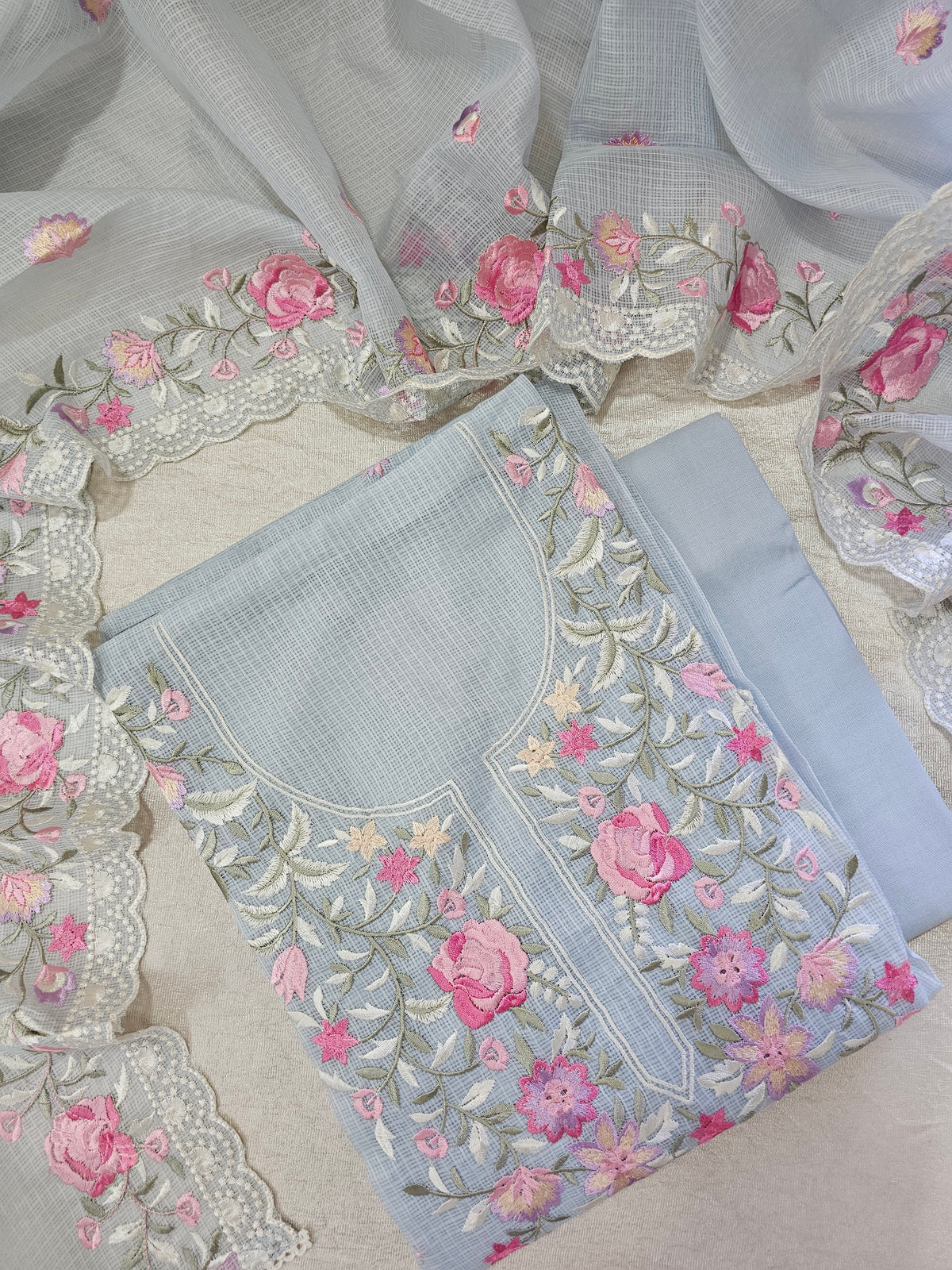 Semi Tussar Kota with Heavy Work Unstitched Salwar - Grey