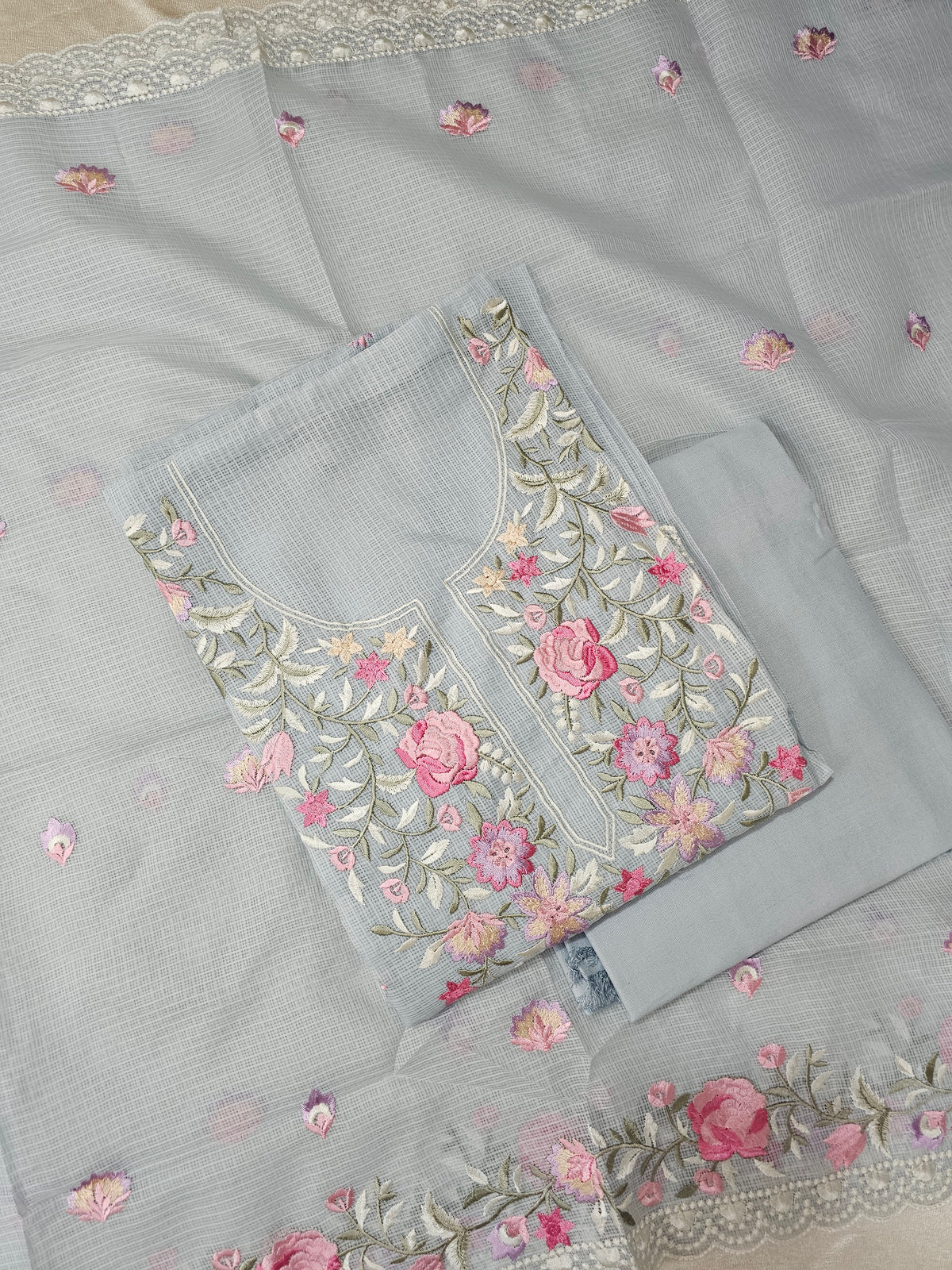 Semi Tussar Kota with Heavy Work Unstitched Salwar - Grey