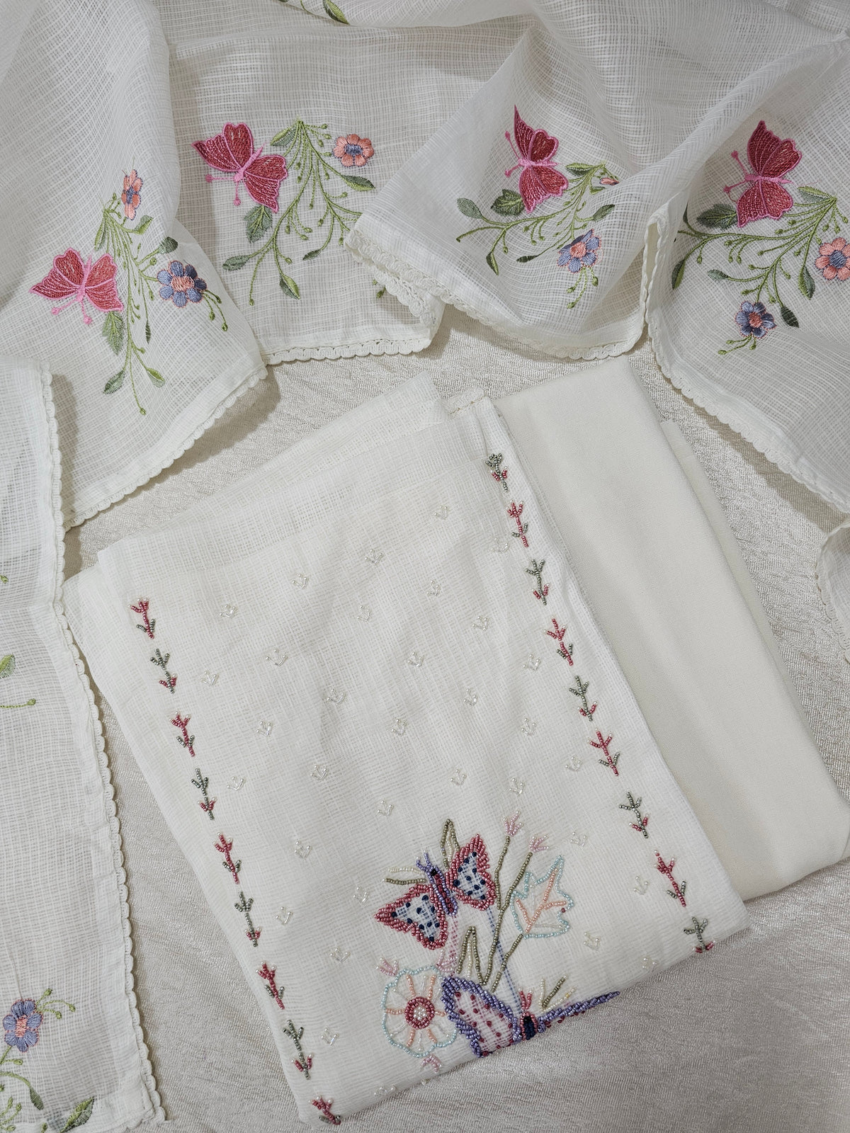 Semi Tussar Kota with Heavy Work Unstitched Salwar - Off-white