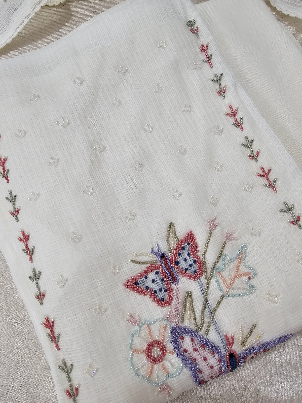 Semi Tussar Kota with Heavy Work Unstitched Salwar - Off-white