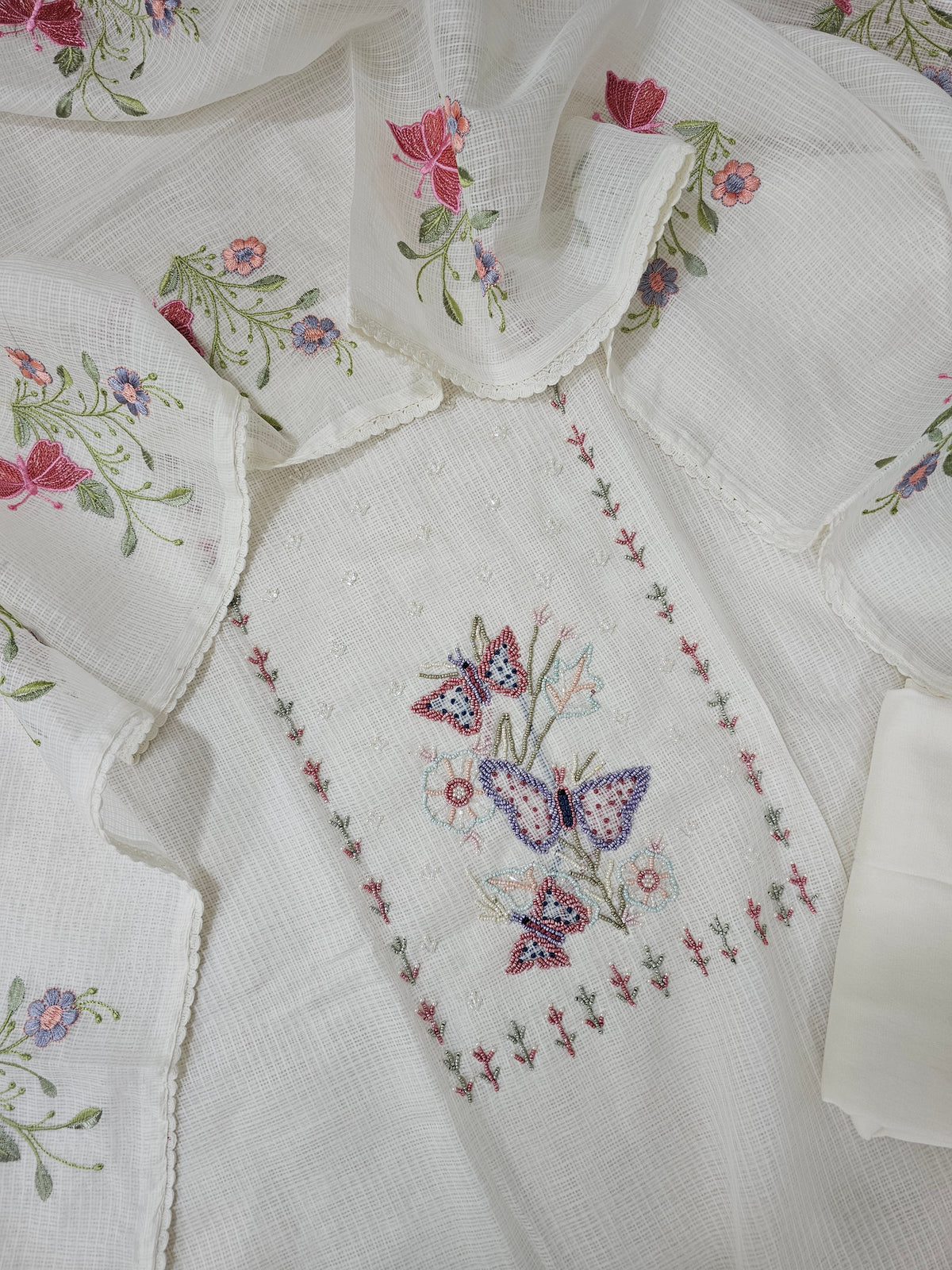 Semi Tussar Kota with Heavy Work Unstitched Salwar - Off-white