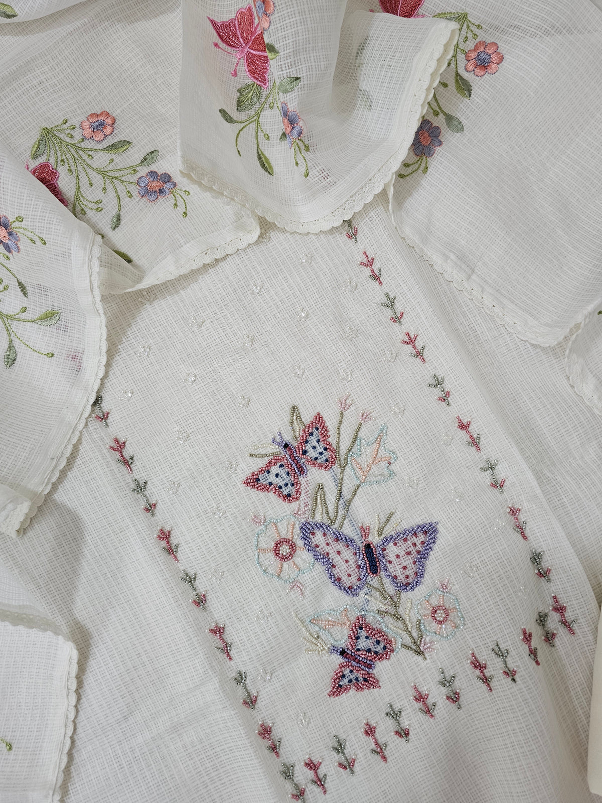 Semi Tussar Kota with Heavy Work Unstitched Salwar - Off-white