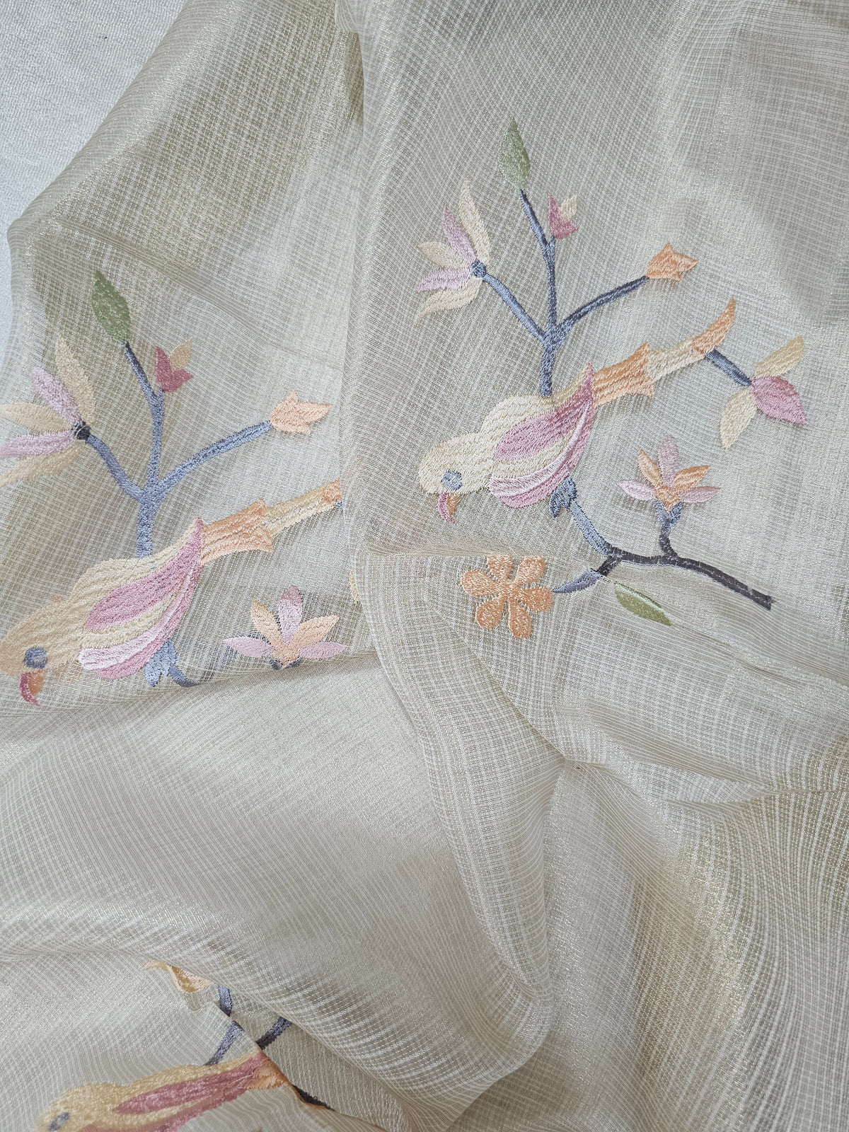 Semi Tussar Tissue Kota with Heavy Work Unstitched Salwar - Cream