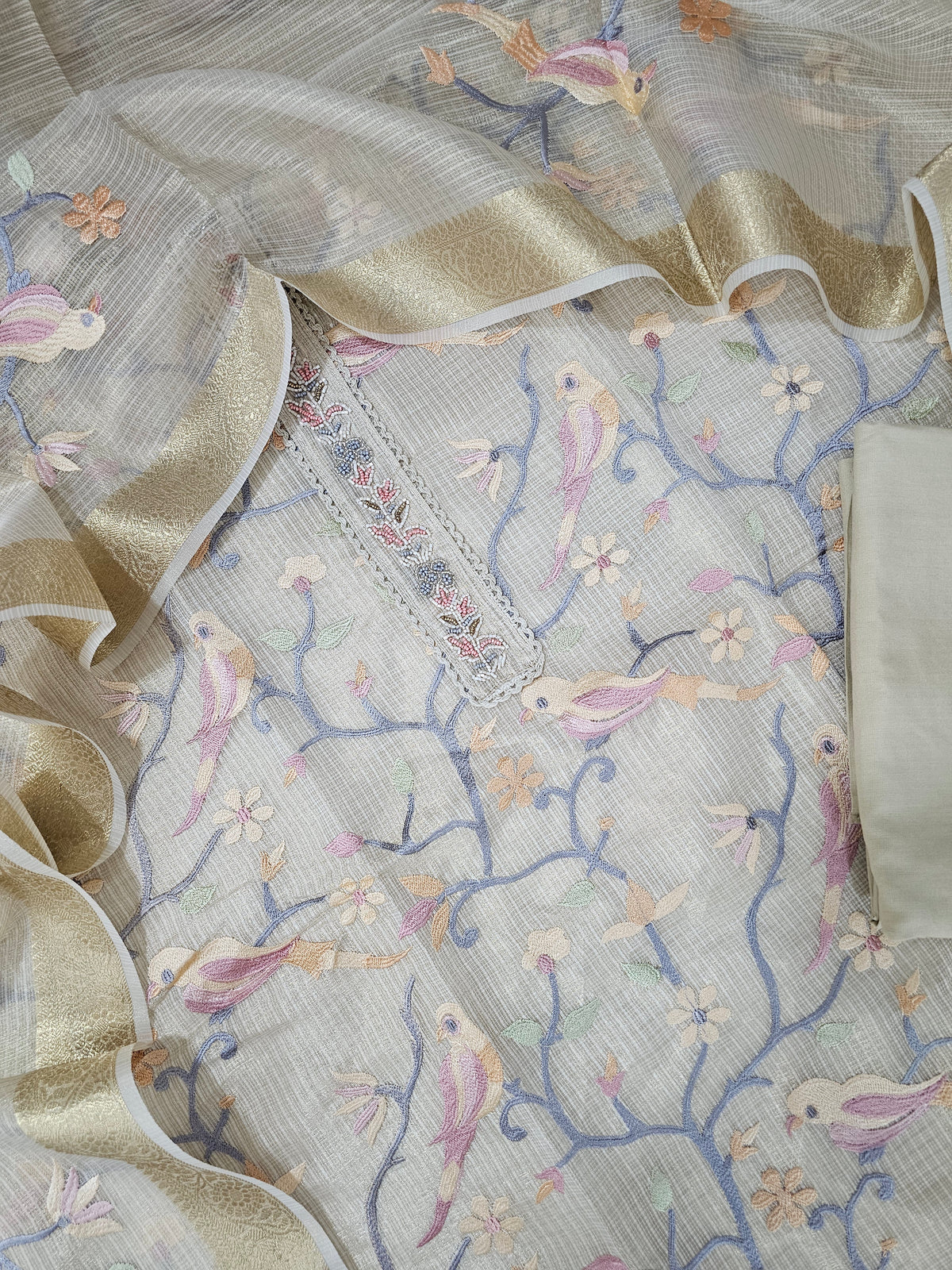 Semi Tussar Tissue Kota with Heavy Work Unstitched Salwar - Cream