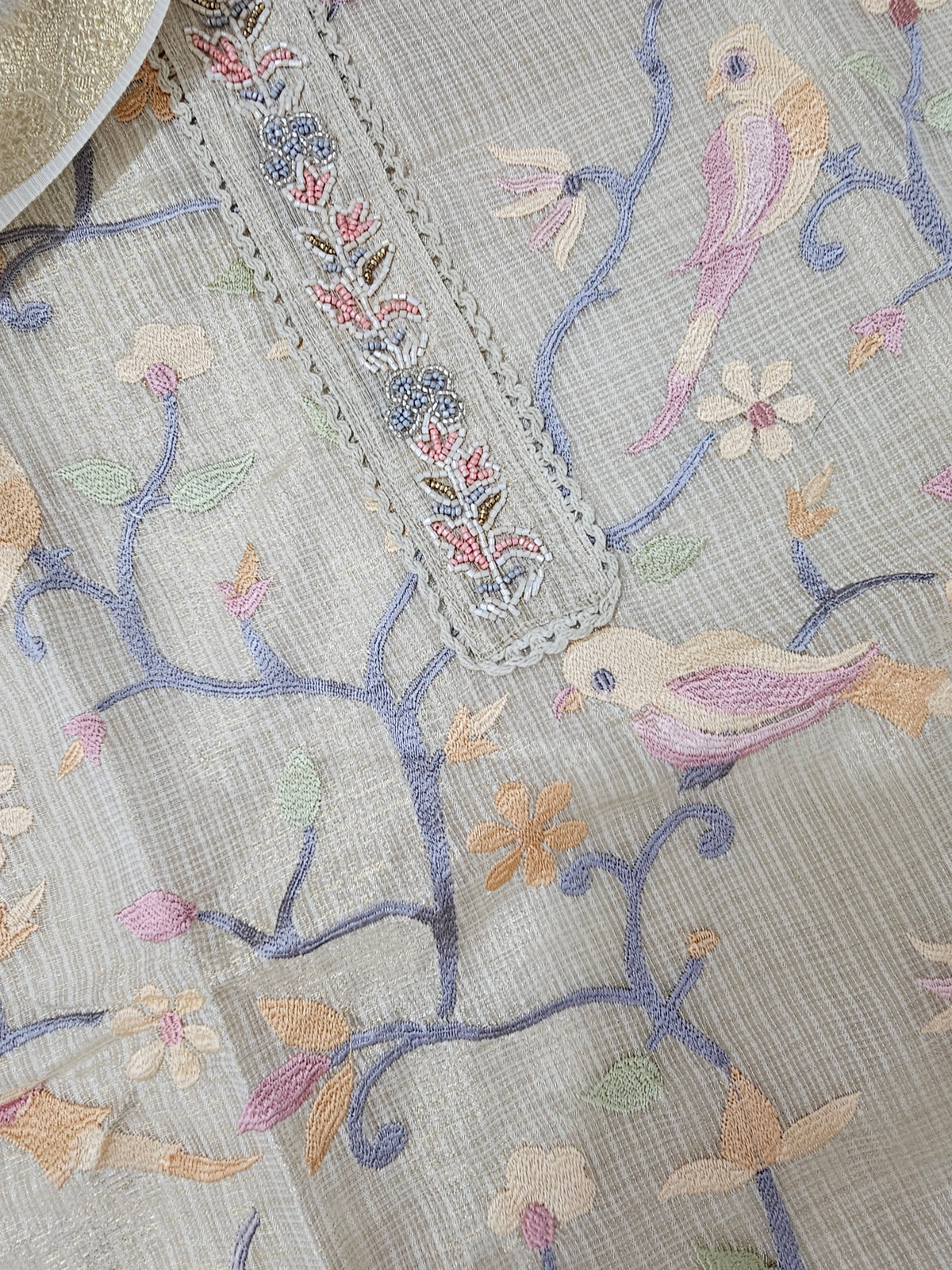 Semi Tussar Tissue Kota with Heavy Work Unstitched Salwar - Cream