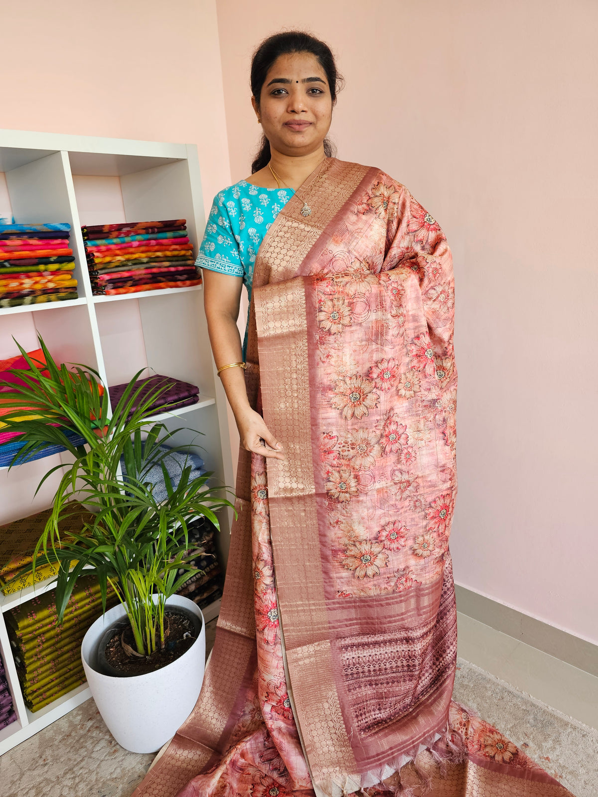 Semi Tussar with Classy Borders  - Peach