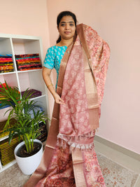 Semi Tussar with Classy Borders  - Peach